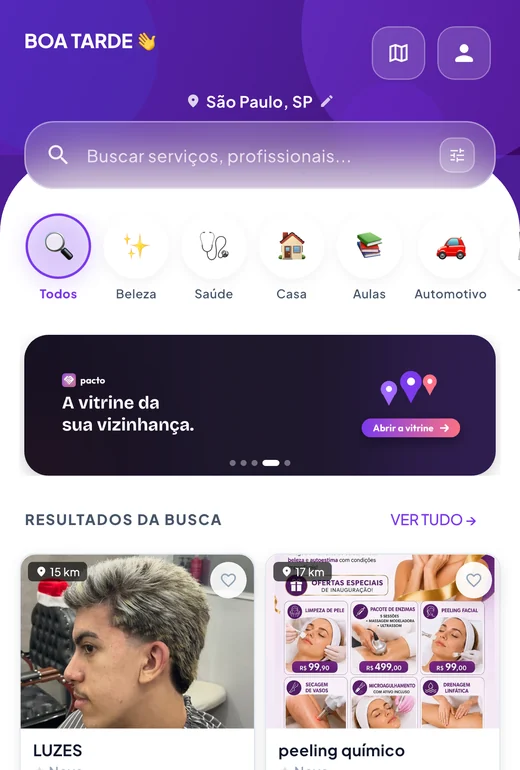 Tela inicial do app Pacto: busca de serviços, categorias e resultados perto de você